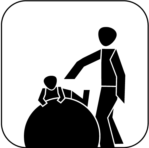 Schwarzes Piktogramm einer stehenden Person und eines Babys auf einem Gymnastikball auf weißem Hintergrund