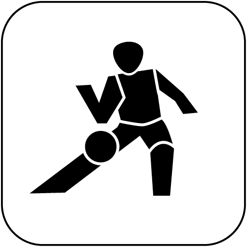 Minimalistische schwarze Silhouette einer Person beim Prellball, in Aktion mit dem Ball am Boden, auf weißem Hintergrund.