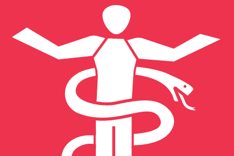 Minimalistische weiße Silhouette einer stehenden Person mit ausgebreiteten Armen, umschlungen von einer stilisierten Schlange als Symbol für Reha- und Gesundheitssport, auf rotem Hintergrund.