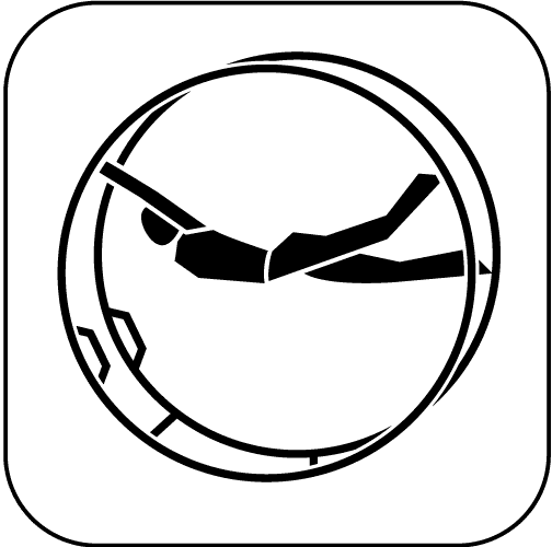 Minimalistische schwarze Silhouette einer Person beim Rhönradturnen, in ausgestreckter Haltung innerhalb eines großen Turnrades, auf weißem Hintergrund.